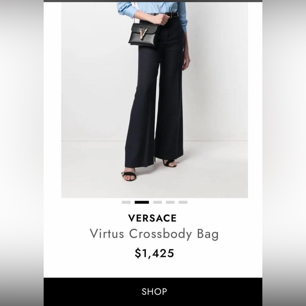Versace Black Leather Virtus Crossbody with silver V Hardware